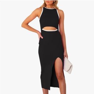 Black cotton bodycon midi dress with cutout and white trim
